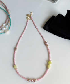 Pink Crystal Necklace for Women with Natural Freshwater Pearls and Turquoise Collarbone Chain - High-End Niche Jewelry Accessory