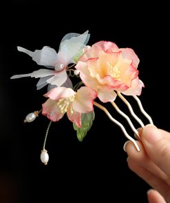 Pink Flower Qipao Hair Comb - Sweet Girl Hanfu Headdress with Butterfly Hairpin, Tang Style Hair Accessory for Elegant Looks