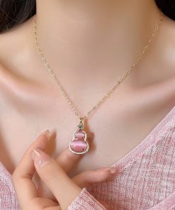Pink Gourd Pendant Necklace 2025 Niche High-End Clavicle Chain Chinese Style Accessory with National Style Earrings