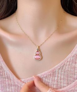 Pink Gourd Pendant Necklace 2025 Niche High-End Clavicle Chain Chinese Style Accessory with National Style Earrings