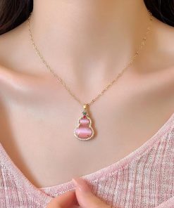 Pink Gourd Pendant Necklace 2025 Niche High-End Clavicle Chain Chinese Style Accessory with National Style Earrings