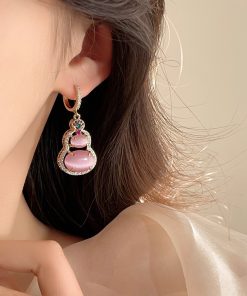 Pink Gourd Pendant Necklace 2025 Niche High-End Clavicle Chain Chinese Style Accessory with National Style Earrings