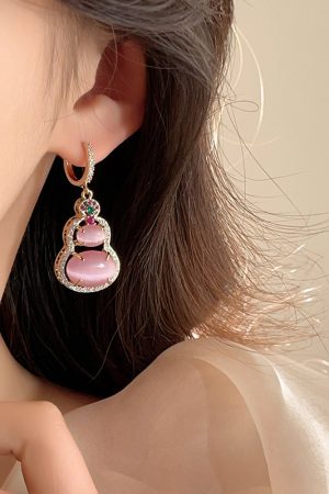 Pink Gourd Pendant Necklace 2025 Niche High-End Clavicle Chain Chinese Style Accessory with National Style Earrings