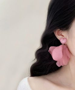 Pink Heart Chiffon Fabric Earrings for Women - Sweet Forest Style, Ultra-Fairy Vacation Vibe, Mosquito Coil Clip Design