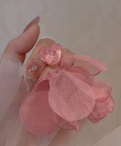 Pink Heart Chiffon Fabric Earrings for Women - Sweet Forest Style, Ultra-Fairy Vacation Vibe, Mosquito Coil Clip Design