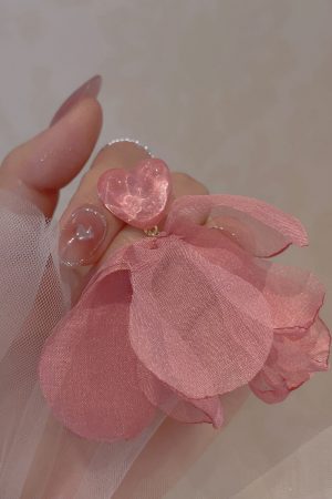 Pink Heart Chiffon Fabric Earrings for Women - Sweet Forest Style, Ultra-Fairy Vacation Vibe, Mosquito Coil Clip Design