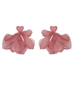 Pink Heart Chiffon Fabric Earrings for Women - Sweet Forest Style, Ultra-Fairy Vacation Vibe, Mosquito Coil Clip Design