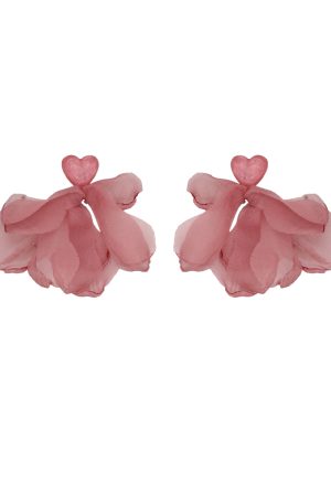 Pink Heart Chiffon Fabric Earrings for Women - Sweet Forest Style, Ultra-Fairy Vacation Vibe, Mosquito Coil Clip Design