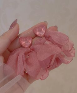 Pink Heart Chiffon Fabric Earrings for Women - Sweet Forest Style, Ultra-Fairy Vacation Vibe, Mosquito Coil Clip Design