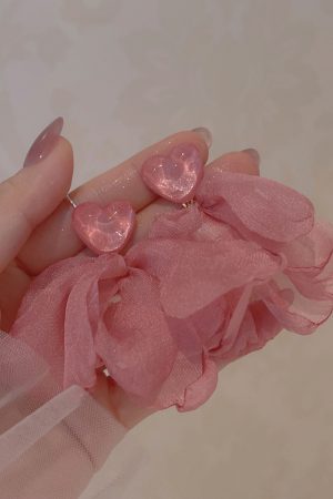 Pink Heart Chiffon Fabric Earrings for Women - Sweet Forest Style, Ultra-Fairy Vacation Vibe, Mosquito Coil Clip Design