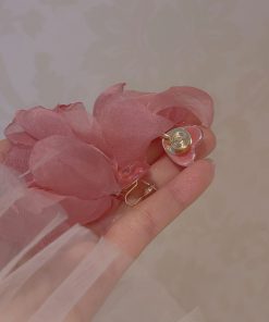 Pink Heart Chiffon Fabric Earrings for Women - Sweet Forest Style, Ultra-Fairy Vacation Vibe, Mosquito Coil Clip Design