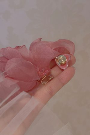 Pink Heart Chiffon Fabric Earrings for Women - Sweet Forest Style, Ultra-Fairy Vacation Vibe, Mosquito Coil Clip Design