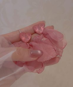 Pink Heart Chiffon Fabric Earrings for Women - Sweet Forest Style, Ultra-Fairy Vacation Vibe, Mosquito Coil Clip Design