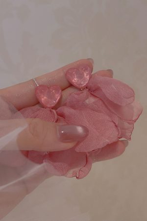 Pink Heart Chiffon Fabric Earrings for Women - Sweet Forest Style, Ultra-Fairy Vacation Vibe, Mosquito Coil Clip Design