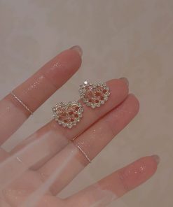 Pink Heart Diamond Stud Earrings for Women, 2025 Trendy Light Luxury Non-Pierced Ear Clips, Sweet Fashion Accessories