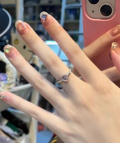 Pink Heart Ring for Women, Heart-Shaped Zirconia Silver Ring, Unique Open Design, Trendy Jewelry for Y2K and Romantic Styles