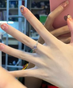 Pink Heart Ring for Women, Heart-Shaped Zirconia Silver Ring, Unique Open Design, Trendy Jewelry for Y2K and Romantic Styles