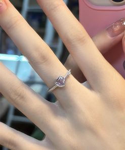 Pink Heart Ring for Women, Heart-Shaped Zirconia Silver Ring, Unique Open Design, Trendy Jewelry for Y2K and Romantic Styles