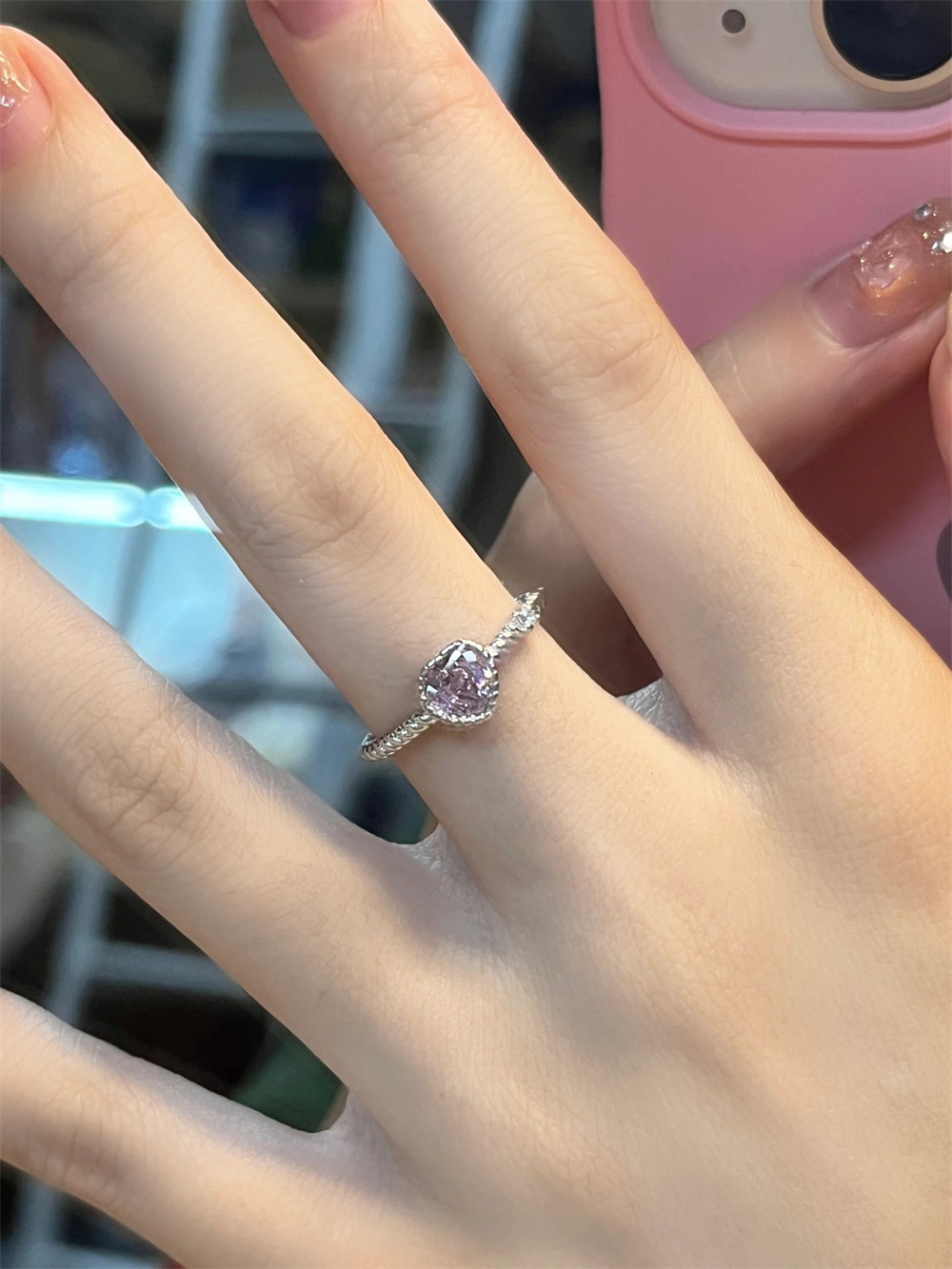 Pink Heart Ring for Women, Heart-Shaped Zirconia Silver Ring, Unique Open Design, Trendy Jewelry for Y2K and Romantic Styles Pink Heart Ring for Women, Heart-Shaped Zirconia Silver Ring, Unique Open Design, Trendy Jewelry for Y2K and Romantic Styles