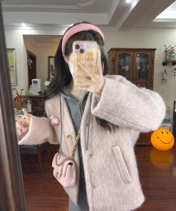 Pink High-End Woolen Coat Women's Casual Hoodie Jacket with Wide-Leg Pants for Winter Fashion