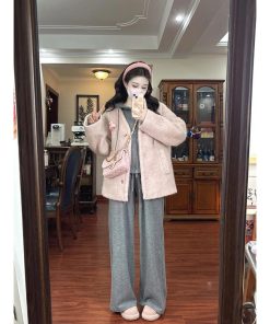 Pink High-End Woolen Coat Women's Casual Hoodie Jacket with Wide-Leg Pants for Winter Fashion