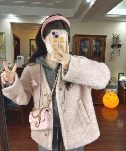 Pink High-End Woolen Coat Women's Casual Hoodie Jacket with Wide-Leg Pants for Winter Fashion