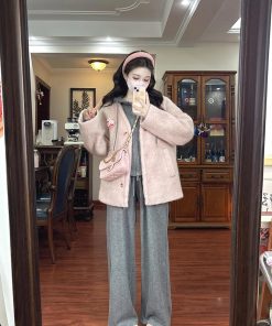 Pink High-End Woolen Coat Women's Casual Hoodie Jacket with Wide-Leg Pants for Winter Fashion