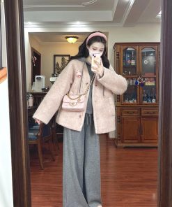 Pink High-End Woolen Coat Women's Casual Hoodie Jacket with Wide-Leg Pants for Winter Fashion
