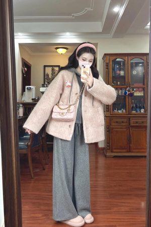 Pink High-End Woolen Coat Women's Casual Hoodie Jacket with Wide-Leg Pants for Winter Fashion