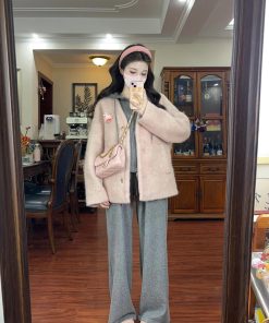 Pink High-End Woolen Coat Women's Casual Hoodie Jacket with Wide-Leg Pants for Winter Fashion