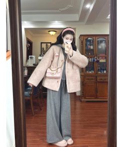 Pink High-End Woolen Coat Women's Casual Hoodie Jacket with Wide-Leg Pants for Winter Fashion