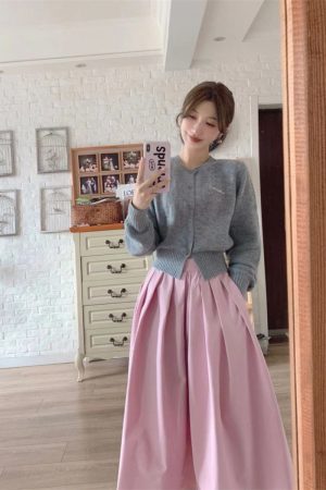 Pink High-Waisted Pleated A-Line Skirt for Women - Autumn 2025 Slimming Long Skirt, Trendy 90s Inspired Fashion