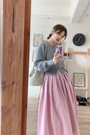 Pink High-Waisted Pleated A-Line Skirt for Women - Autumn 2025 Slimming Long Skirt, Trendy 90s Inspired Fashion