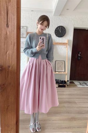 Pink High-Waisted Pleated A-Line Skirt for Women - Autumn 2025 Slimming Long Skirt, Trendy 90s Inspired Fashion