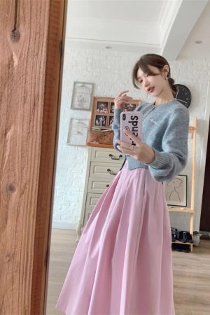 Pink High-Waisted Pleated A-Line Skirt for Women - Autumn 2025 Slimming Long Skirt, Trendy 90s Inspired Fashion