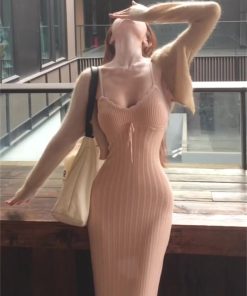 Pink Knitted Camisole Dress and Cardigan Sweater Two-Piece Set for Women - Autumn Winter Fashion Outfit