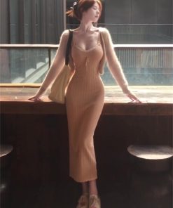 Pink Knitted Camisole Dress and Cardigan Sweater Two-Piece Set for Women - Autumn Winter Fashion Outfit