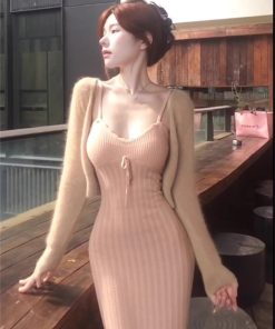 Pink Knitted Camisole Dress and Cardigan Sweater Two-Piece Set for Women - Autumn Winter Fashion Outfit