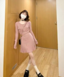 Pink Knitted Long Sleeve Dress for Women, Waist-Cinching Design with Pleated Skirt - Trendy Autumn Winter Fashion