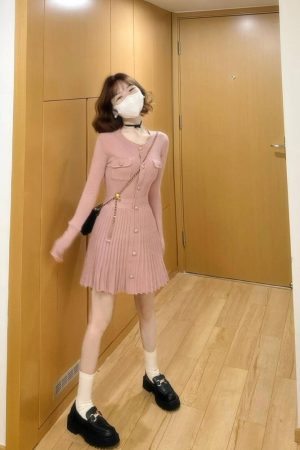 Pink Knitted Long Sleeve Dress for Women, Waist-Cinching Design with Pleated Skirt - Trendy Autumn Winter Fashion