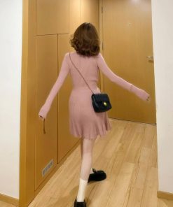 Pink Knitted Long Sleeve Dress for Women, Waist-Cinching Design with Pleated Skirt - Trendy Autumn Winter Fashion