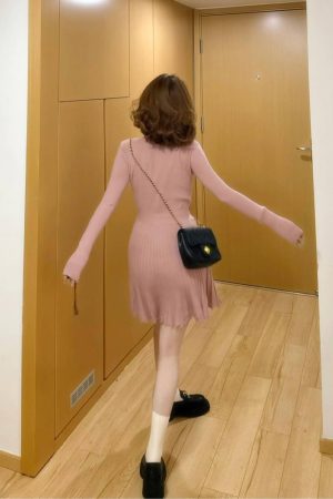 Pink Knitted Long Sleeve Dress for Women, Waist-Cinching Design with Pleated Skirt - Trendy Autumn Winter Fashion