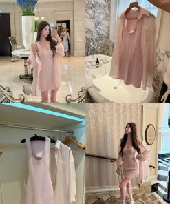 Pink Knitted Sleeveless Dress for Women - Summer Socialite Style, Casual Short Dress with Tea Relief Design