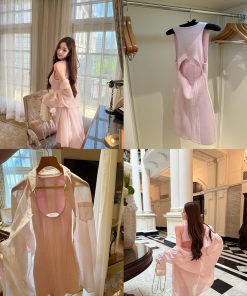 Pink Knitted Sleeveless Dress for Women - Summer Socialite Style, Casual Short Dress with Tea Relief Design