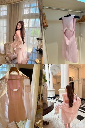 Pink Knitted Sleeveless Dress for Women - Summer Socialite Style, Casual Short Dress with Tea Relief Design