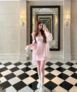 Pink Knitted Sleeveless Dress for Women - Summer Socialite Style, Casual Short Dress with Tea Relief Design