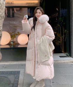 Pink Large Fur Collar Down Coat for Women, Knee-Length Thick Winter Jacket, 2025 Stylish Warm Bread Coat