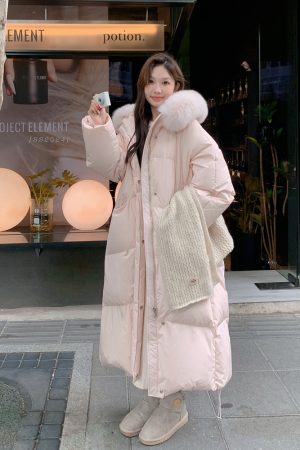 Pink Large Fur Collar Down Coat for Women, Knee-Length Thick Winter Jacket, 2025 Stylish Warm Bread Coat