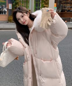 Pink Large Fur Collar Down Coat for Women, Knee-Length Thick Winter Jacket, 2025 Stylish Warm Bread Coat