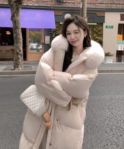 Pink Large Fur Collar Down Coat for Women, Knee-Length Thick Winter Jacket, 2025 Stylish Warm Bread Coat